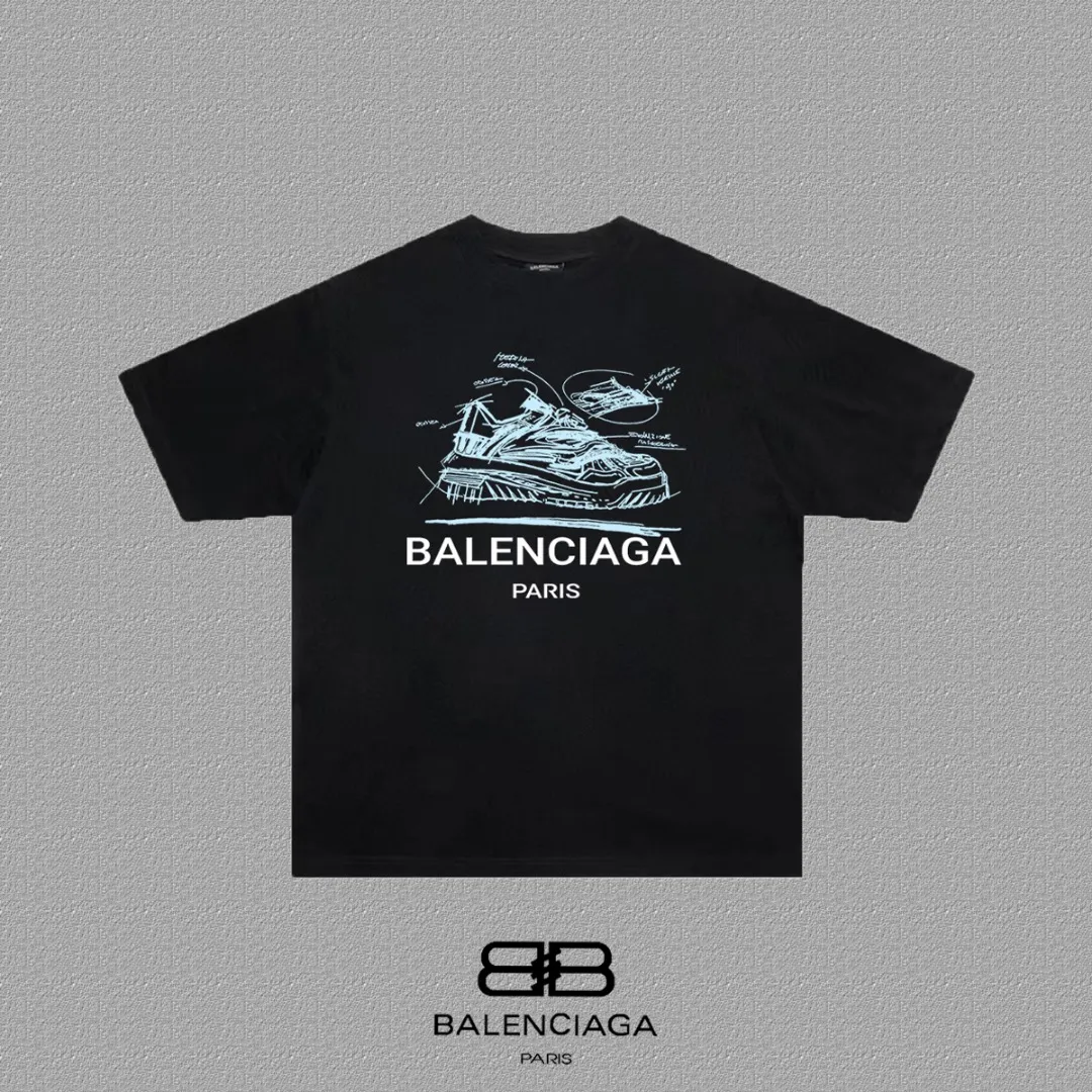 P80✨🔥 BALENCIAGA Paris lettering printed short-sleeved T-shirt, custom-woven and dyed 280g combed cotton heavyweight fabric, zero color difference in thread, perfect details, different from the current version on the market, welcome to compare, Same Style for men and women, must-sell in the picture above Color: White Black Size: 1 2 3 4